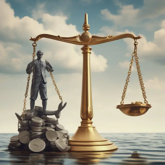 An investor weighs their capital (gold coins) against the passage of time (hourglass), considering the impact of inflation (scales) on nominal and real interest rates