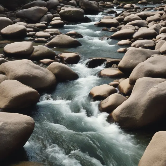 An imaginary river filled with stones representing nominal values creating currents shaping the market price water