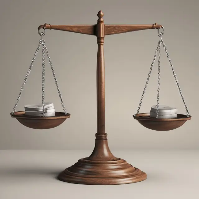 Balance scale with nominal values (money) and real values (adjusted for inflation). Comparing monetary worth between different time frames.