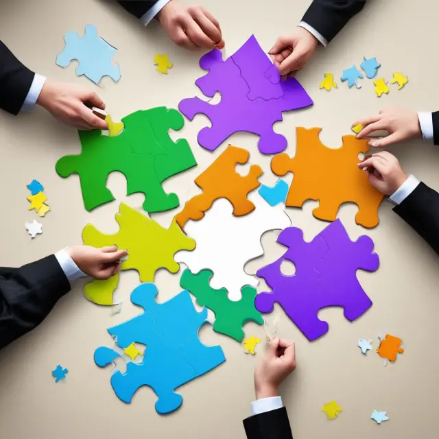 NOMAD, broker, accountant, and legal adviser collaborate on a jigsaw puzzle representing an AIM listing process, ensuring regulatory compliance, financial accuracy, and successful transition
