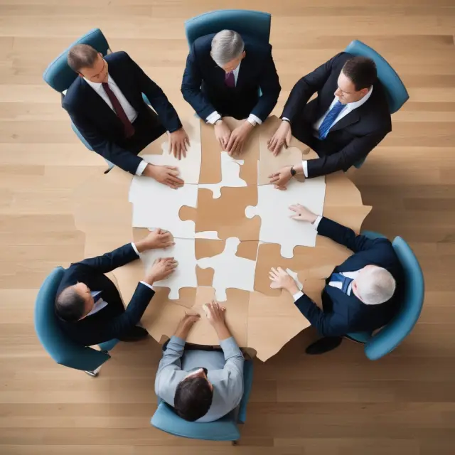 Three figures - chair, CEO, and deputy - collaboratively assembling puzzle pieces representing the nomination committee