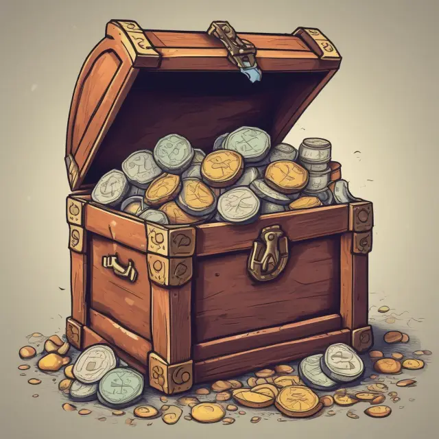 A treasure chest filled with golden stocks and shares, a split coin representing stock splits, and an hourglass symbolizing the average cost method.