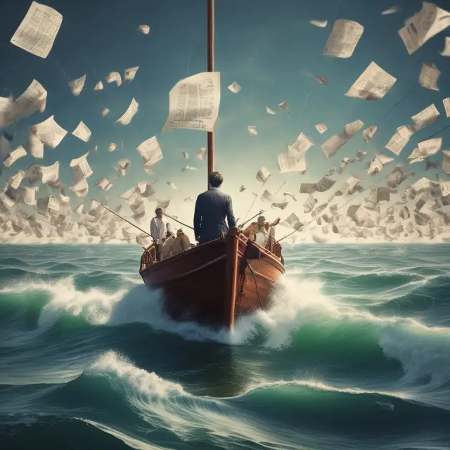 An investor sailing on a ship, identifying covered and non-covered securities by sorting through papers and consulting a map, while staying alert for reporting deadlines.