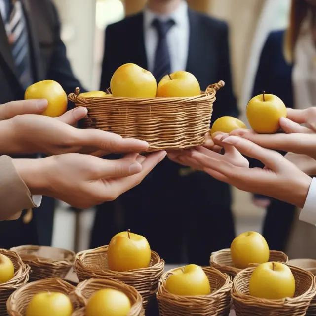 Golden apples being distributed by employer to employees