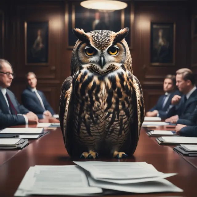 A wise owl sitting on a boardroom table observes executives discussing strategy, symbolizing the NED
