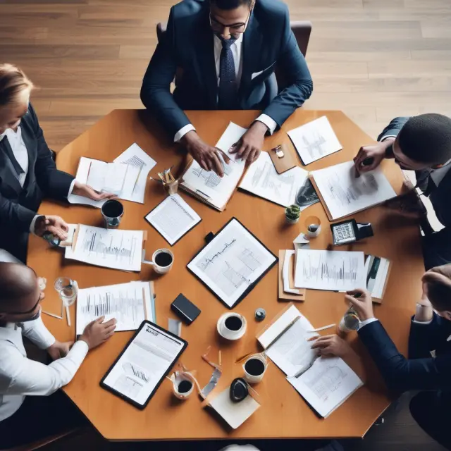 Non-executive directors (NEDs) discussing company strategies at a diversely populated boardroom table