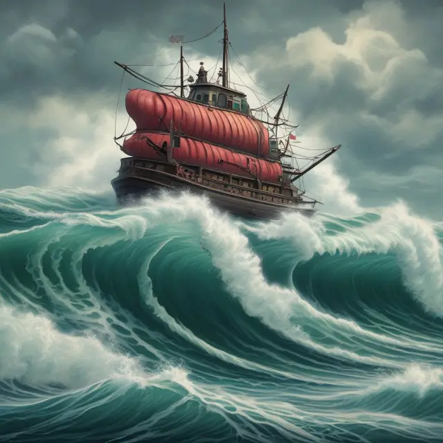 Image of a resilient non-member bank navigating through financial crisis waves while a member bank seeks refuge at the Federal Reserve