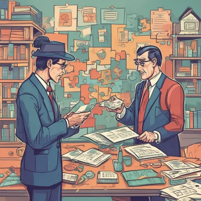 A diverse group of characters deliberate over an intricate puzzle representing an income statement, sorting operating from non-operating expenses.