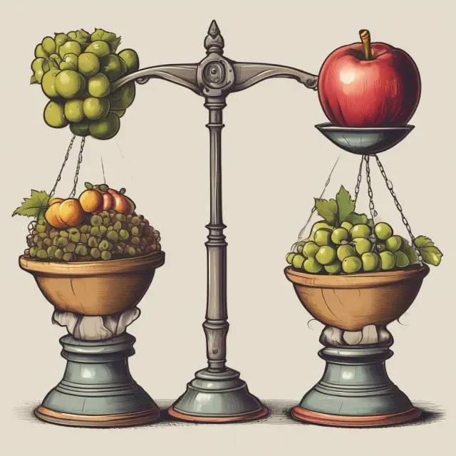 A balance with apples symbolizing Operating Income and a scale overflowing with grapes representing Non-Operating Income.