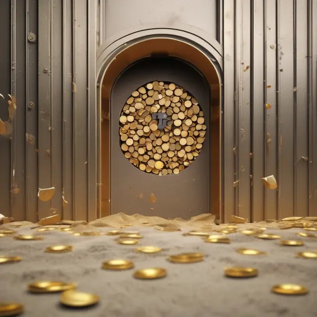Golden coins in a bank vault transforming into sand, symbolizing nonperforming assets