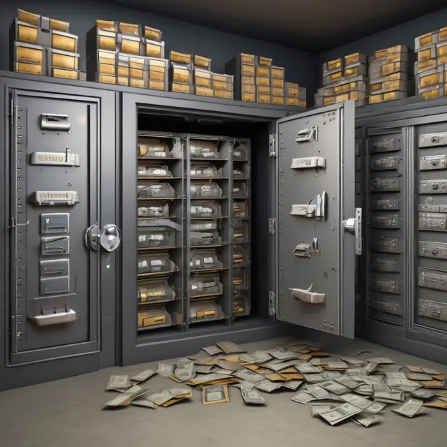 A bank vault filled with various types of nonperforming assets including term loans, overdrafts, agricultural advances, and trade receivables.