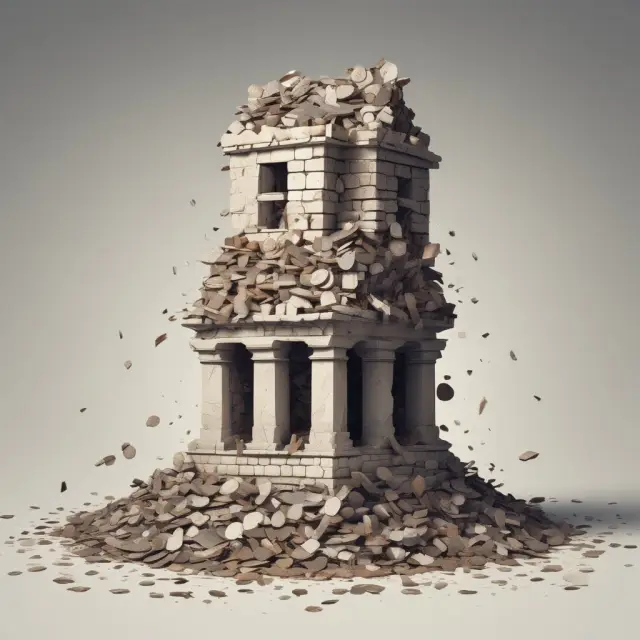An image of a collapsing tower constructed from money pieces, representing the reduction in capital due to nonperforming assets