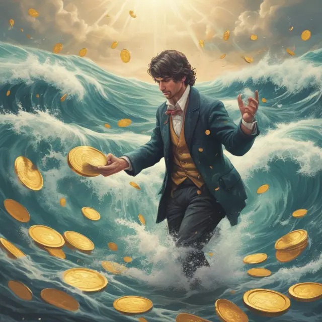 A lender navigating turbulent waters filled with nonperforming assets (NPAs) while recovering gold coins, symbolizing successful recovery efforts and proactive lending strategies.