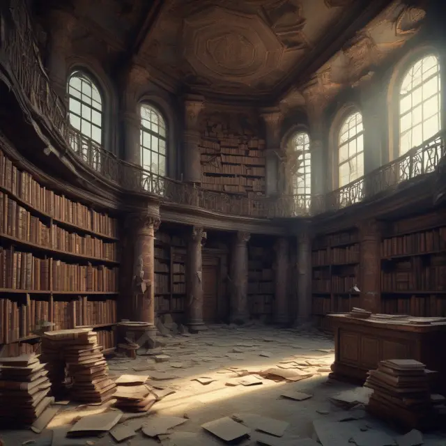 An ancient library filled with books symbolizing various financial crises, as some crumble under the weight of nonperforming assets, emphasizing the burden and impact on lending institutions