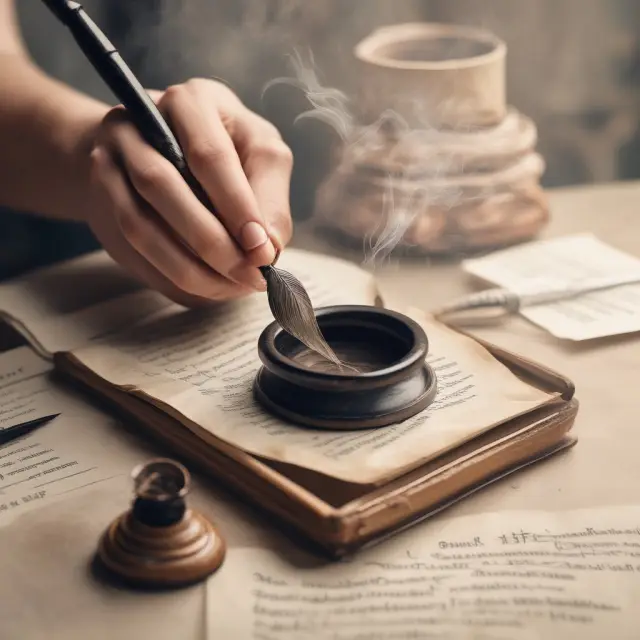 Handcrafted quill dips in inkwell, writing answers on parchment scrolls labeled 