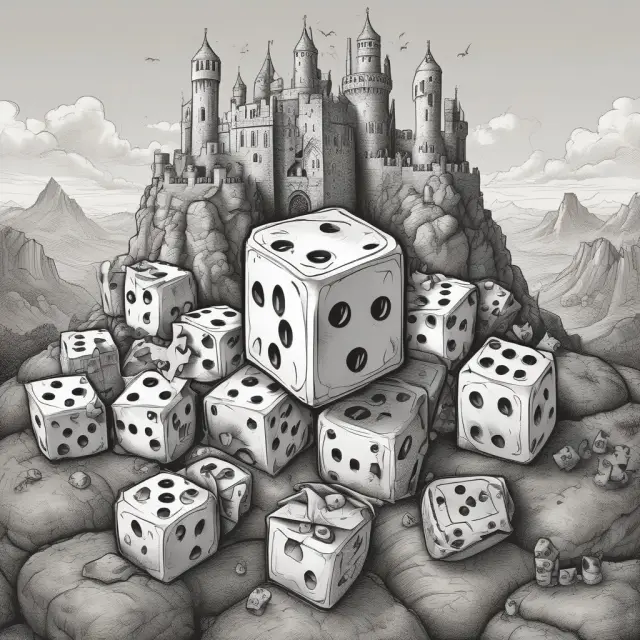 Lender evaluating uncertain returns from a project backed by substantial collateral. Dice symbolizes unpredictable profits and castle represents security.