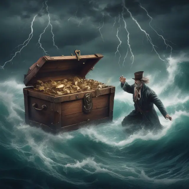 Borrower and lender in a boat navigating stormy waters with an unpredictable treasure chest, representing the inherent risks of non-recourse financing