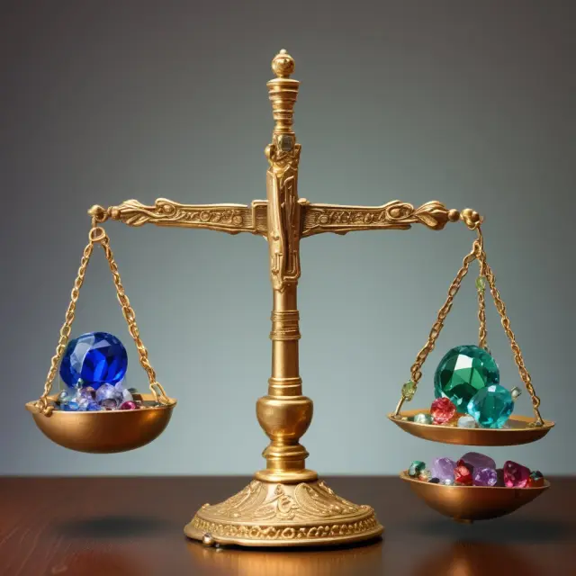A balance scale adorned with various precious gems represents the delicate balance of risk and opportunity in the world of non-securities.