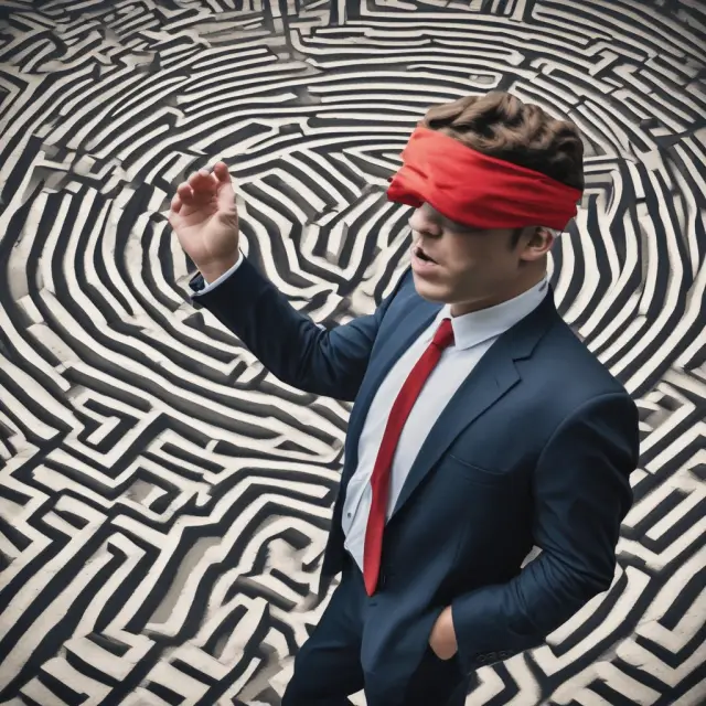An investor wearing a blindfold navigates a maze representing the property market with the help of a REIT sponsor and blind pool concept