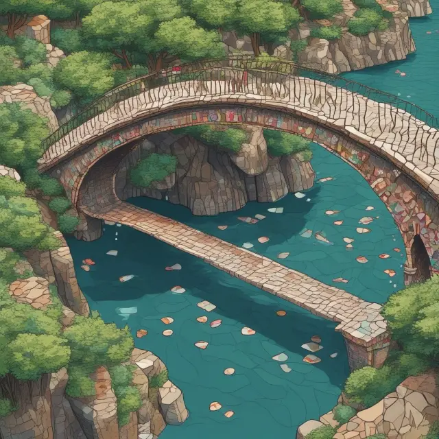 A bridge of mosaic tiles, each representing various down payment sizes. Some tiles fall off, symbolizing nonconforming mortgages and their impact on borrowers.