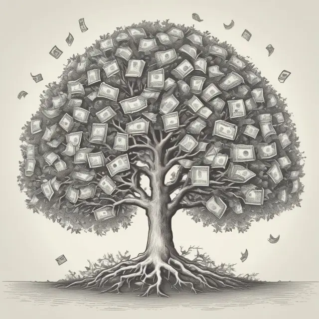 A tree metaphorically illustrating the difference between non-marginable and marginable securities, with roots representing a cash investment and branches symbolizing potential amplified gains.