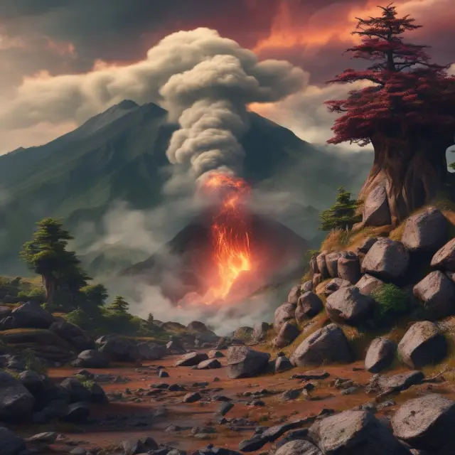 Two volcanic islands, representing Gamestop (GME) and AMC Entertainment (AMC), with investors carefully navigating their way across precarious rocks to maintain balance amidst the volatile lava flows.