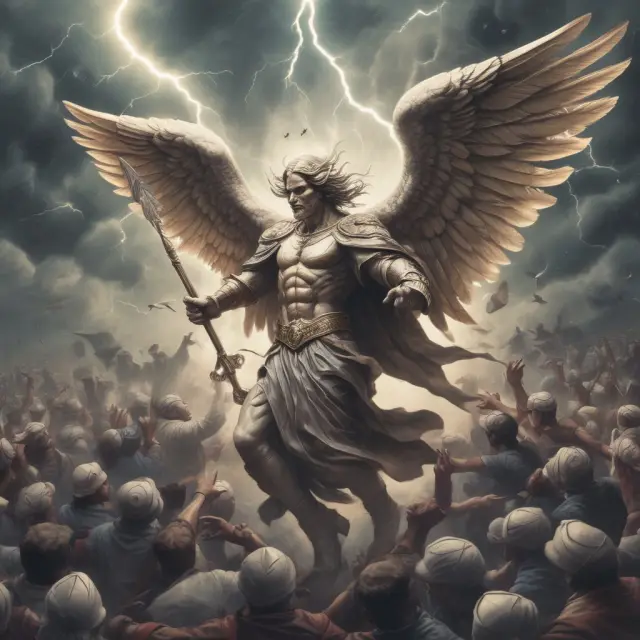 An angelic SEC figure safeguards a group of diverse investors against turbulent markets