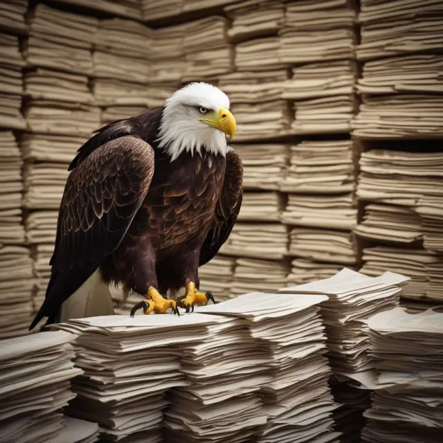 An eagle, symbolizing the IRS, examines financial documents, including tax returns, to verify companies