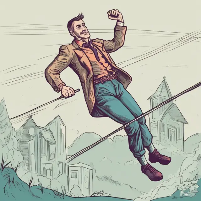 Image of borrowers attempting to balance on a tightrope while juggling loan repayments, representing the challenges faced in managing nonaccrual loans