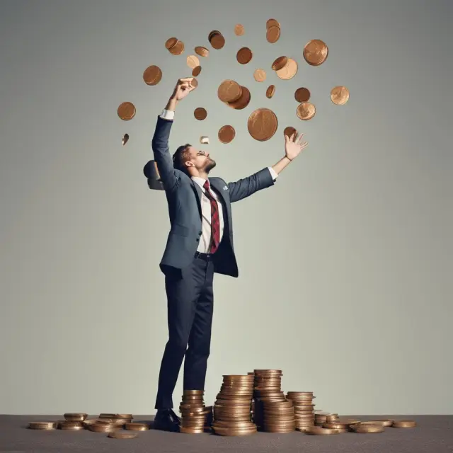 A person deftly juggles coins labeled 