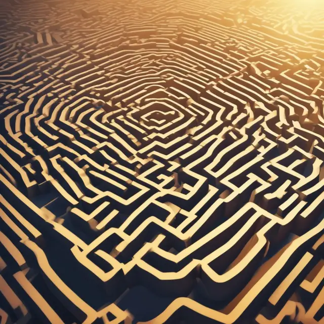A golden sun shines on a labyrinthine maze of interconnected land contracts and non-amortizing loans representing the intricacies of real estate development financing