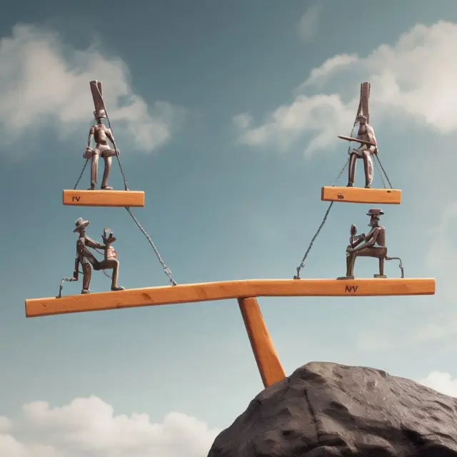 A seesaw illustrating assessable and non-assessable stocks. The investor chooses the stable end (non-assessable) for a predictable financial future.