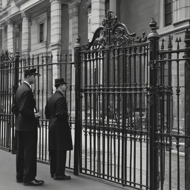 A scene of lawyers safeguarding the stock market entrance while assessable stocks are presented as keys.