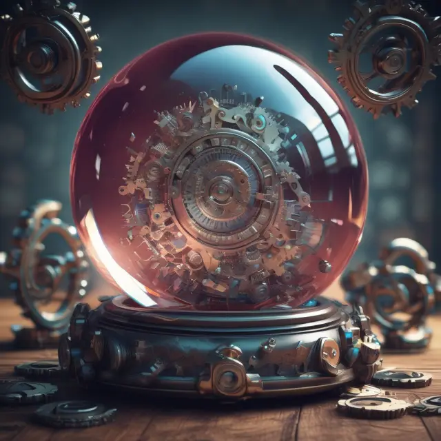 Crystal ball illustrating future of non-assessable stocks, with regulatory gears and AI algorithms surrounding it