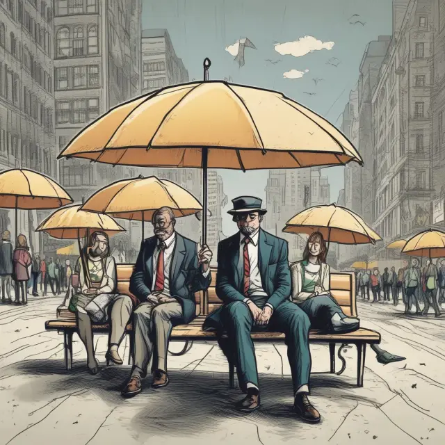 A tranquil scene of investors holding noncallable bonds beneath an umbrella symbolizing financial security, contrasted by issuers exposed to unpredictable interest rate conditions.