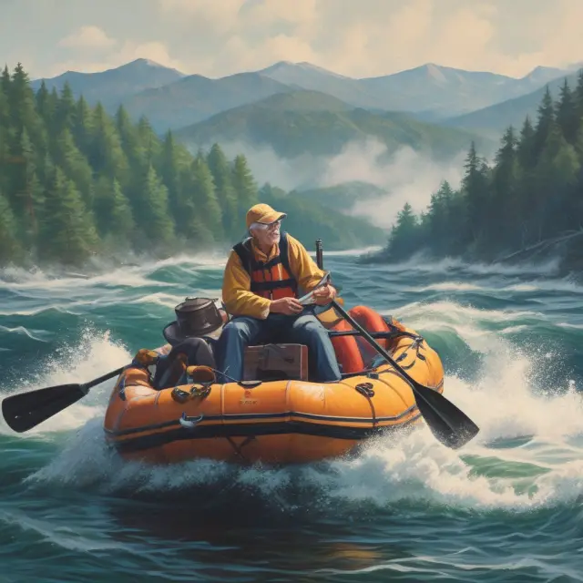 A retiree sailing calmly on a raft with a noncancellable insurance policy as their anchor and protection against market volatility.