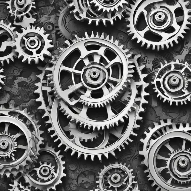 Gears representing depreciation and hourglass symbolizing time intertwined, while books and quills signify intangible amortization