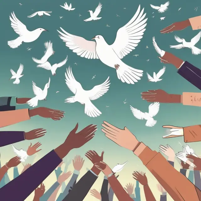 A hand holding various colored coins releases doves over a landscape of diverse industries, symbolizing passive income generation, reduced risk, and diversification from a non-controlling interest