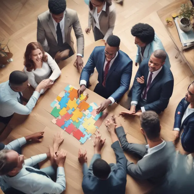 An investor piecing together a corporate strategy jigsaw puzzle alongside other investors, symbolizing the collaboration necessary for maximizing returns from non-controlling interests