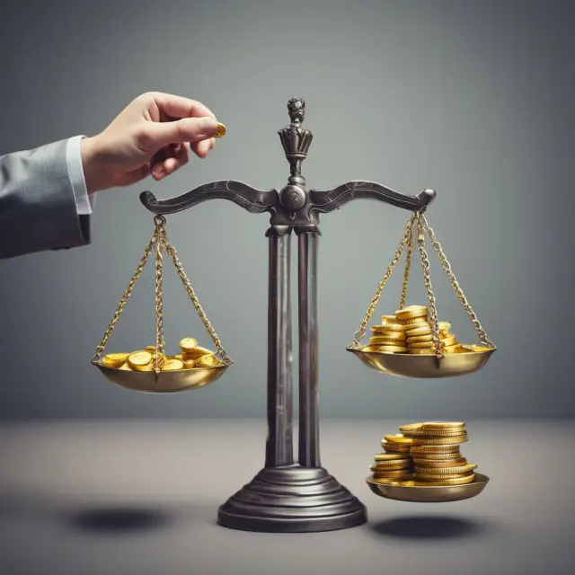 An investor weighing gold and silver coins, symbolizing controlling vs. non-controlling interest in finance.