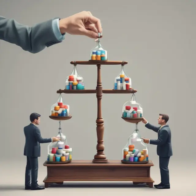 A company atop a scale releases dividend pill bottles to investors. Some labeled 