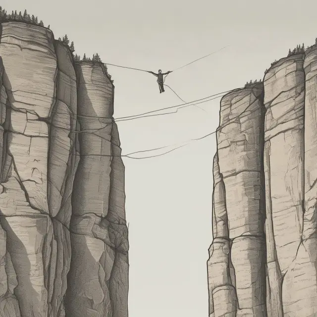 Image of a person on a tightrope between two cliffs, symbolizing the balancing act of investing in noncumulative preferred stocks with their associated risks.