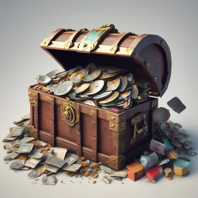 Treasure chest filled with various noncurrent assets symbolizing investments, intellectual property, real estate, equipment, trademarks, and client lists.