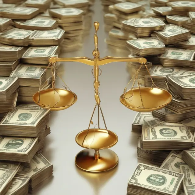 A golden scale balanced between long-term debt and total assets, representing the financial health of a company