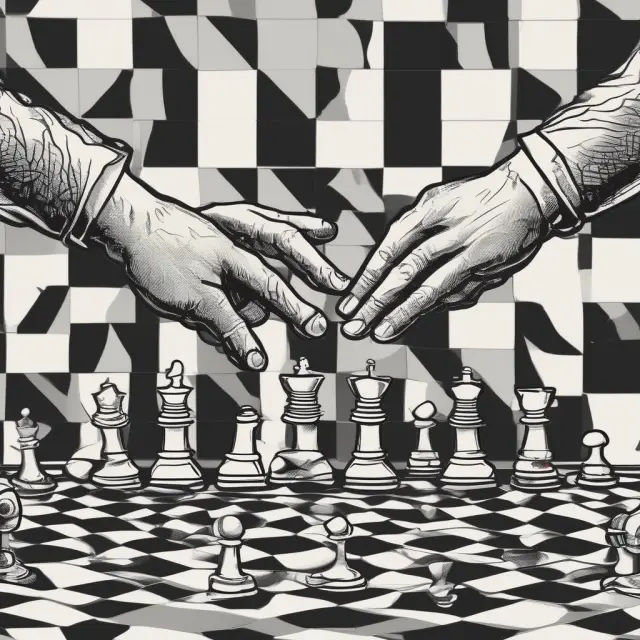 Two hands exchange contracts amidst dynamic currency values on a chessboard, symbolizing risks of counterparty default and currency fluctuations in non-deliverable swaps