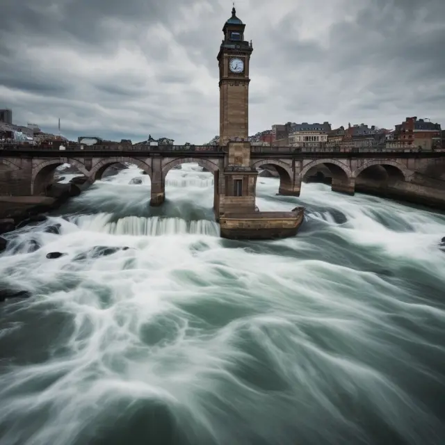Clock tower releasing employment data into a flowing river on the first Friday of each month at 8:30 AM ET