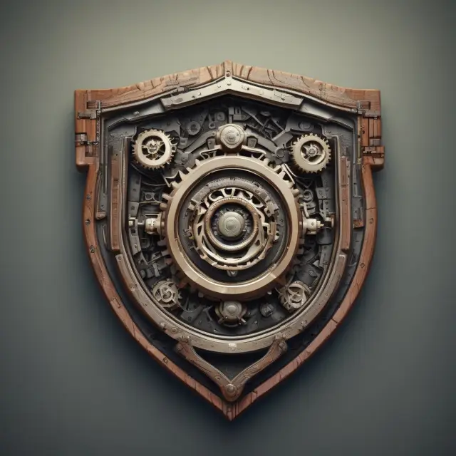 An intricate shield with interlocking gears representing effective communication, training, monitoring, codes, policies, and informed actions to prevent nonfeasance.