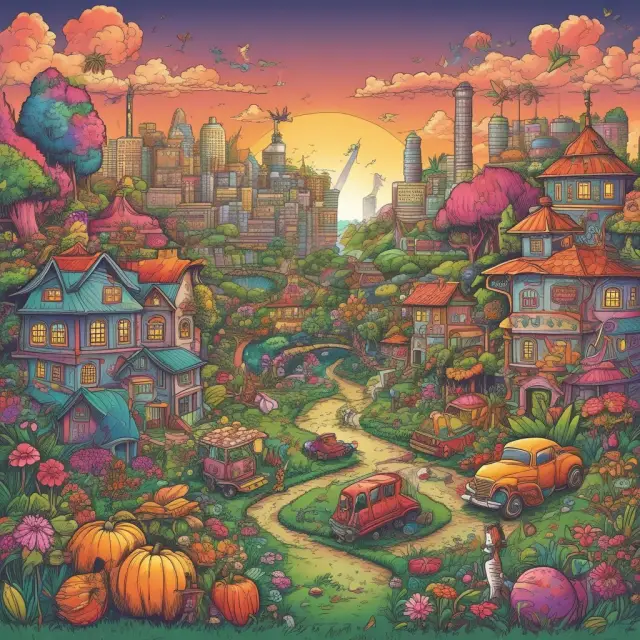 A vibrant garden filled with flowers, fruits, buildings, gears, books, vehicles, and artwork pieces representing various nonfinancial assets