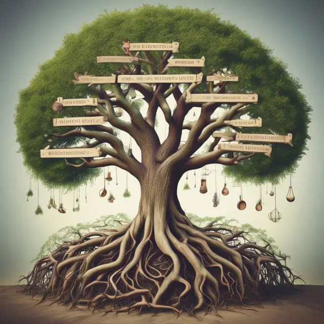 A tree growing intangible wisdom (knowledge) intertwined with tangible assets, representing nonfinancial assets