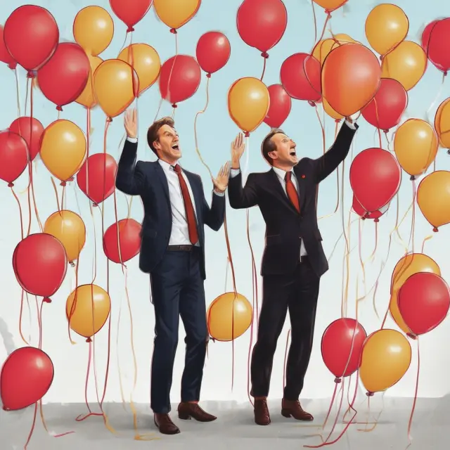 A golden pair of hands releasing balloons (salaries) and controlling a red tide (inflation), symbolizing the challenge of managing personnel costs.